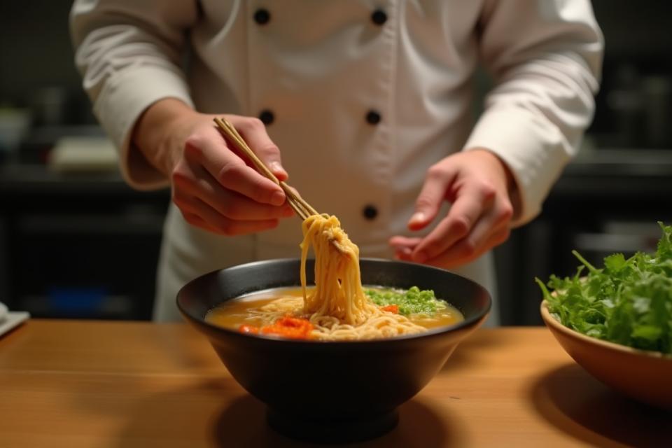 ラーメンを作るシェフの手元、器にスープを注ぐ様子