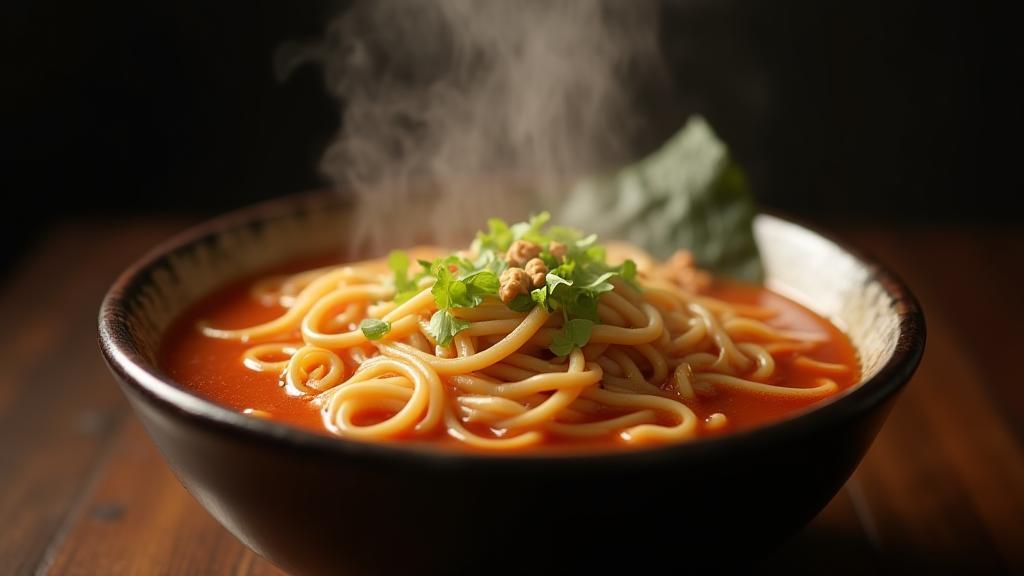 湯気立つ本格的なラーメンのクローズアップ